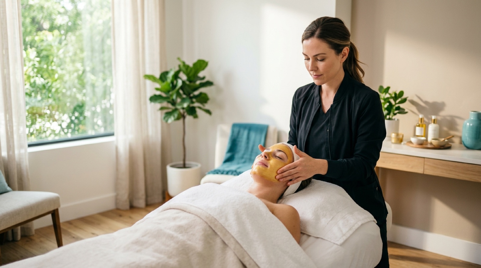 Esthetician performing a rejuvenating facial treatment in a serene medspa room