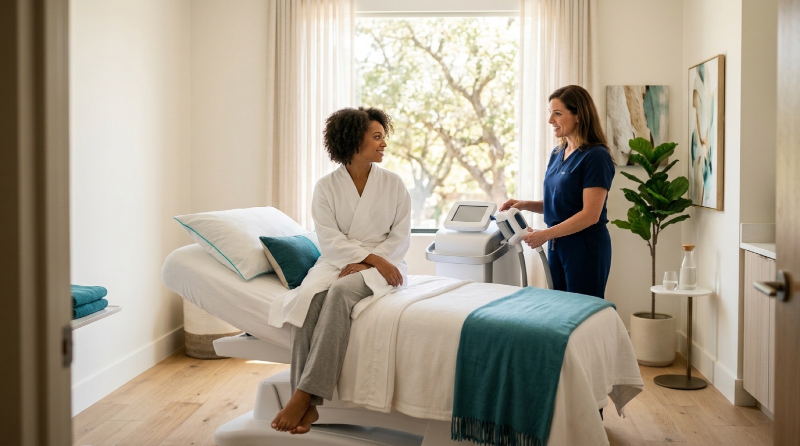 Body-contouring treatment room with applicator device and treatment bed