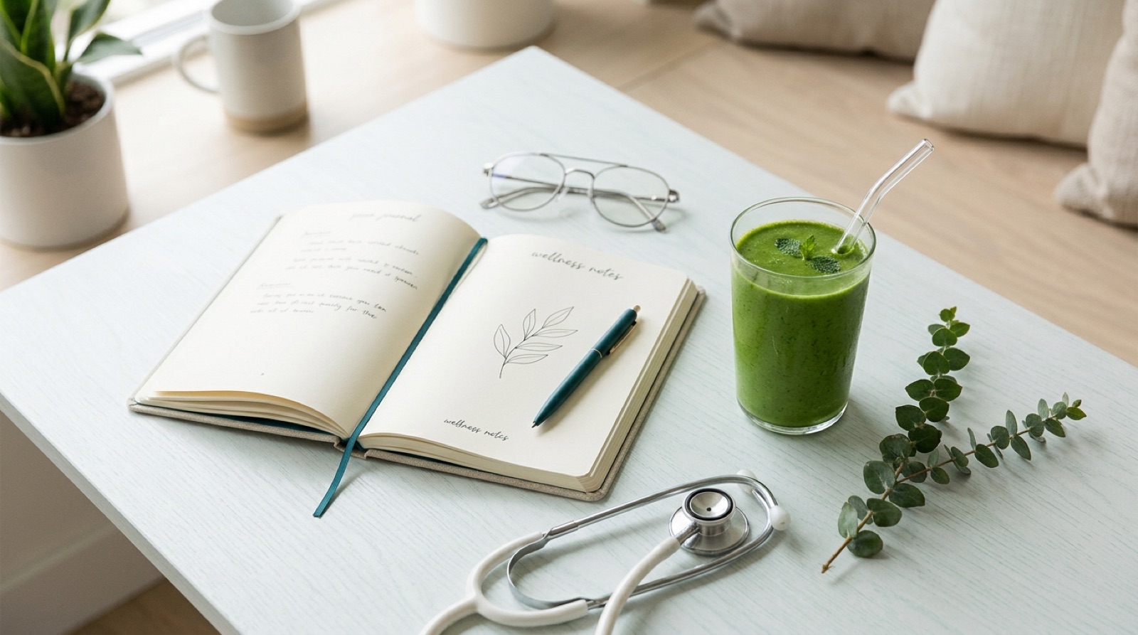 Health and wellness flat lay with stethoscope and journal