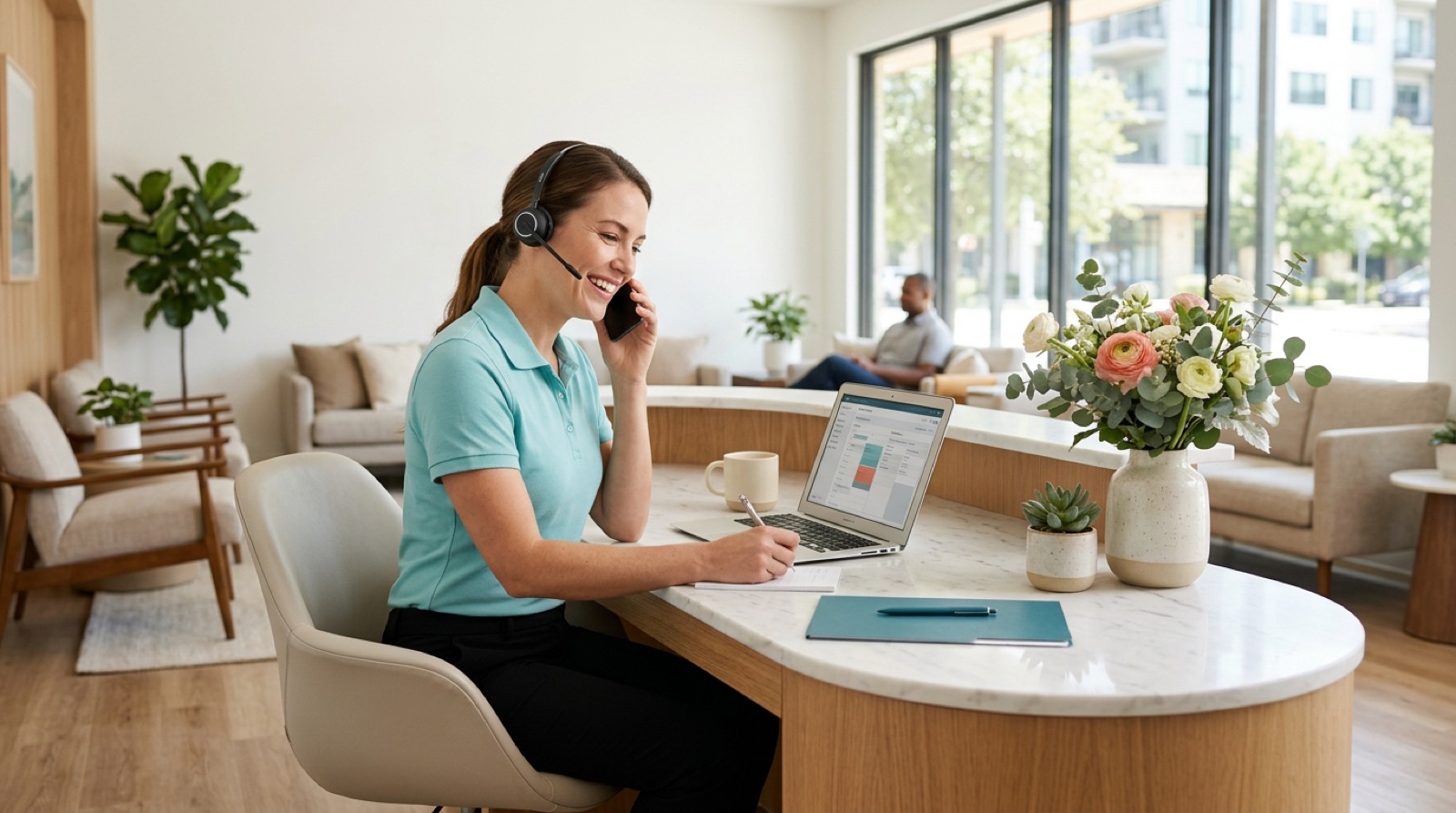 Clinic team member taking a call at the front desk