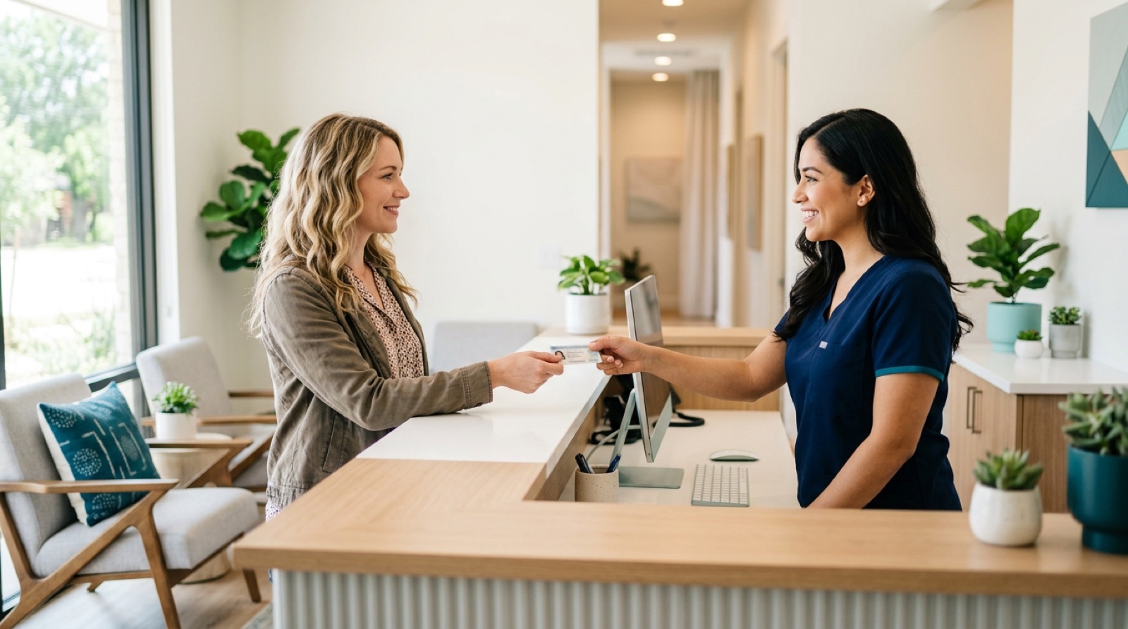 Friendly front-desk check-in at the clinic reception