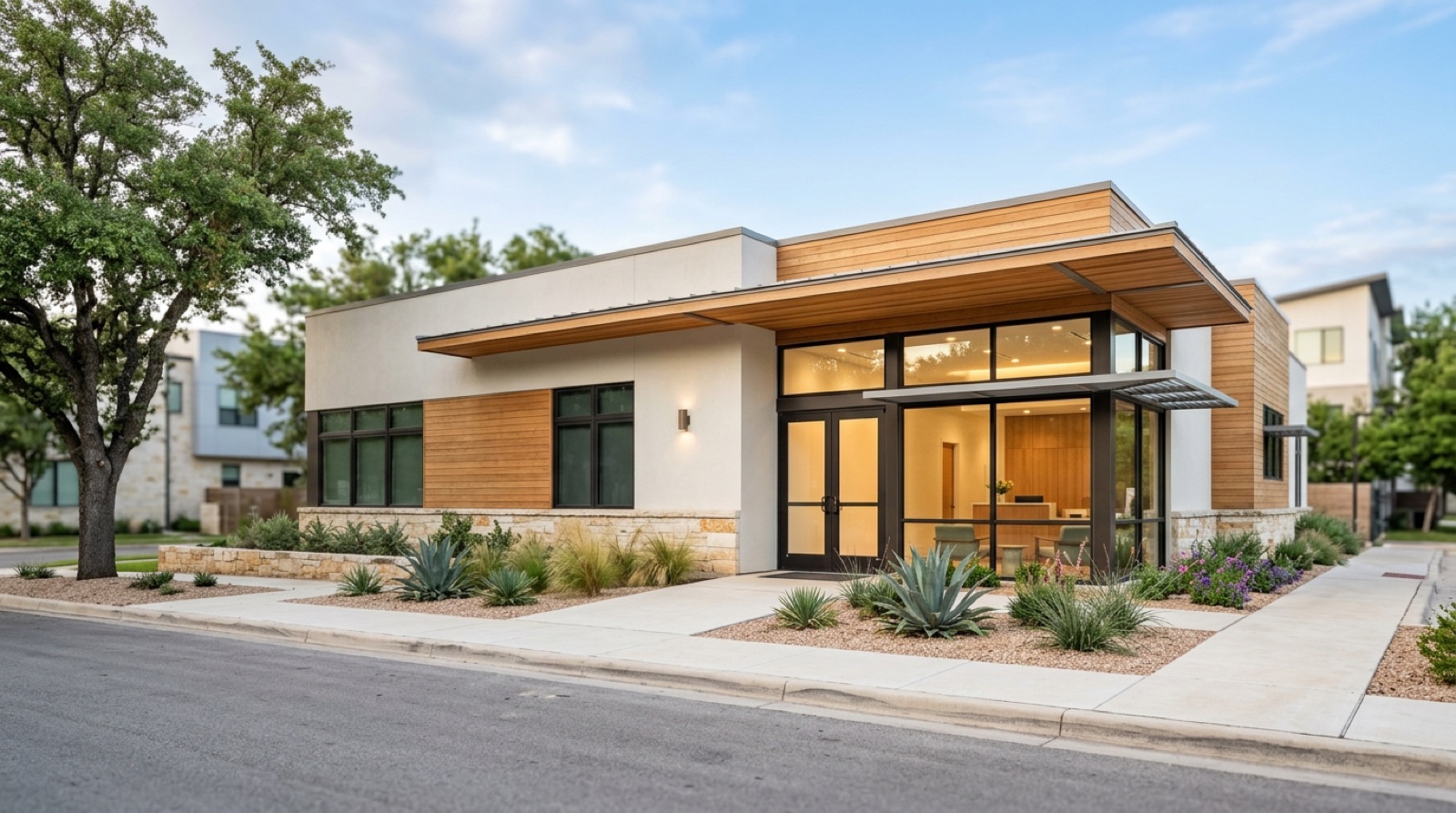 Modern medical clinic exterior with landscaping in South Austin