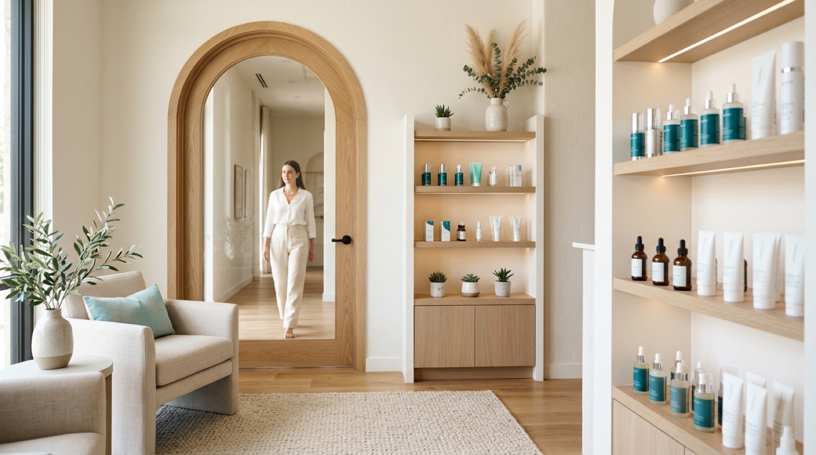 Boutique medspa entrance with skincare retail shelf
