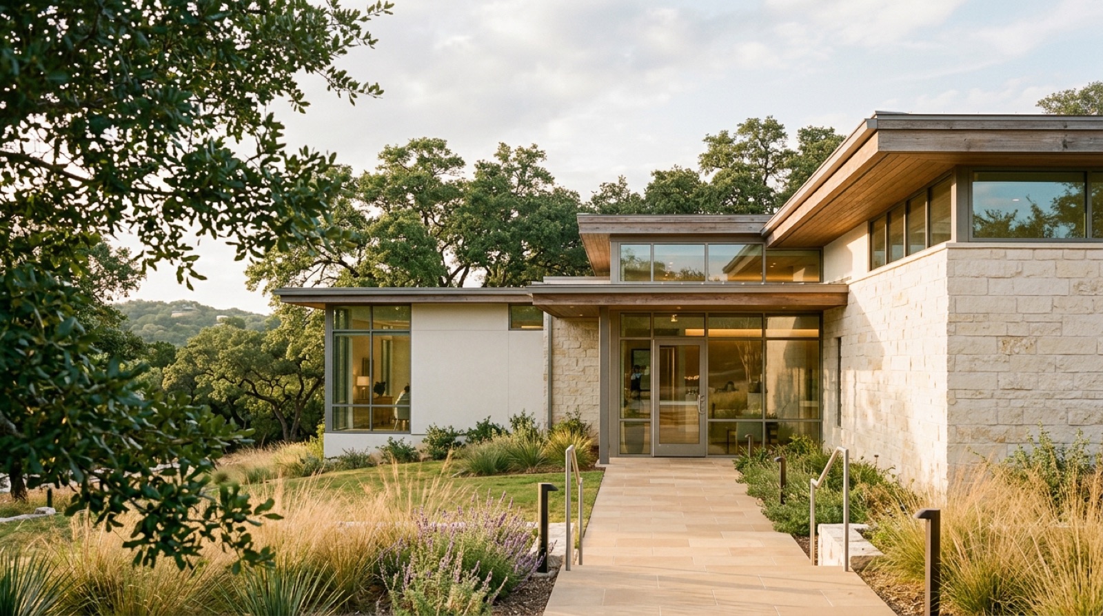 Hill-country clinic exterior among oak trees in Westlake