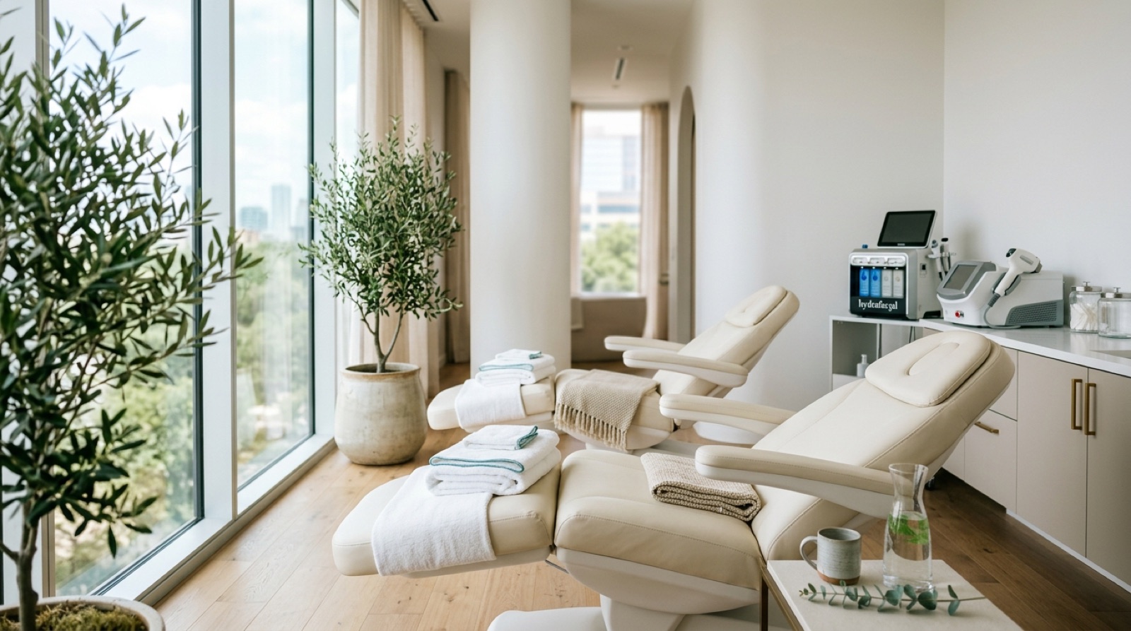 Luxury medspa treatment lounge with aesthetic devices
