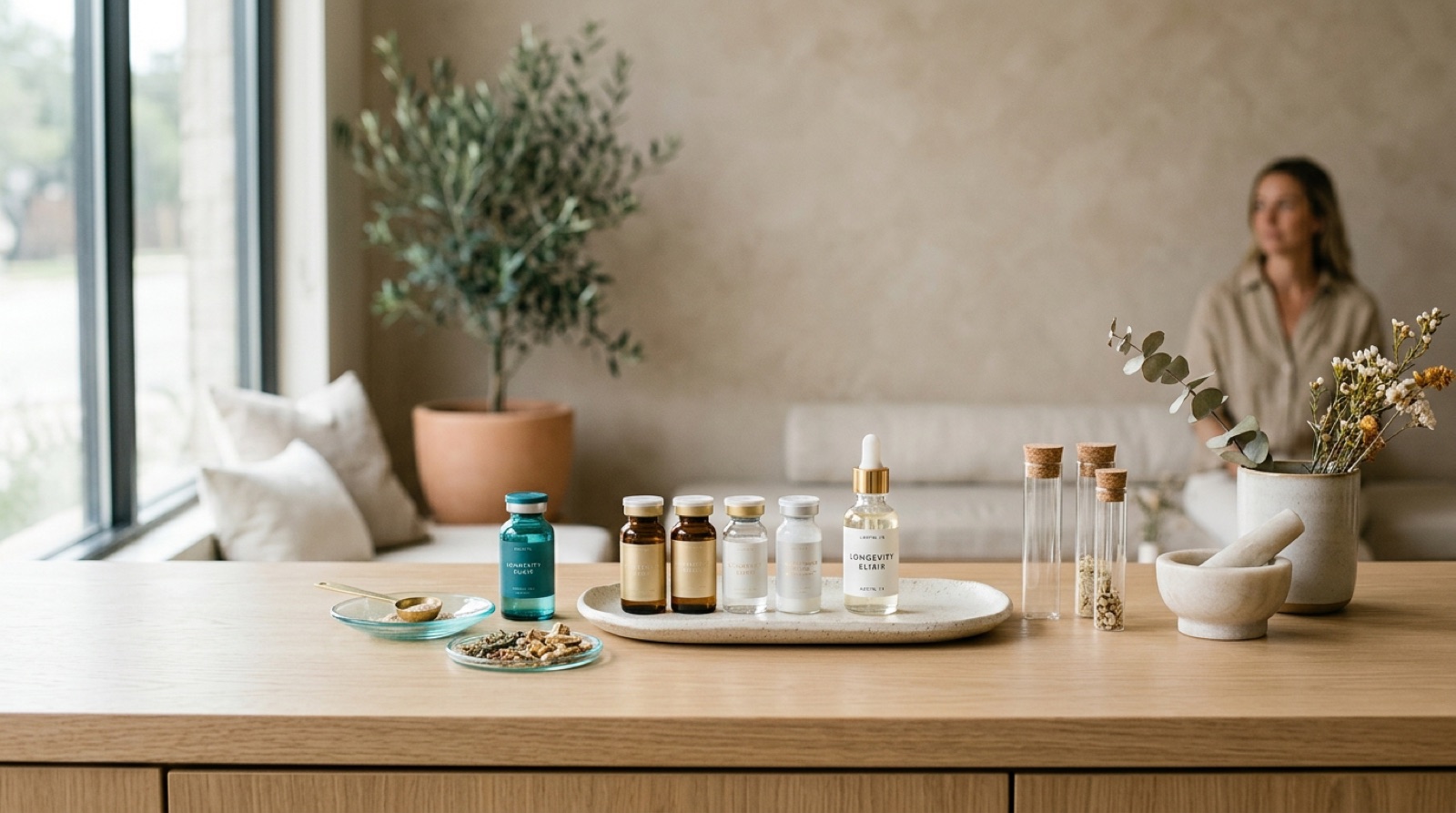 Minimalist longevity-science still life with peptide vials