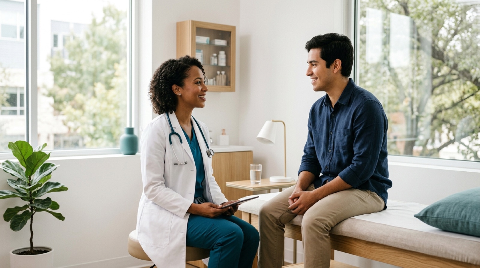 Physician consulting with a patient in a modern exam room