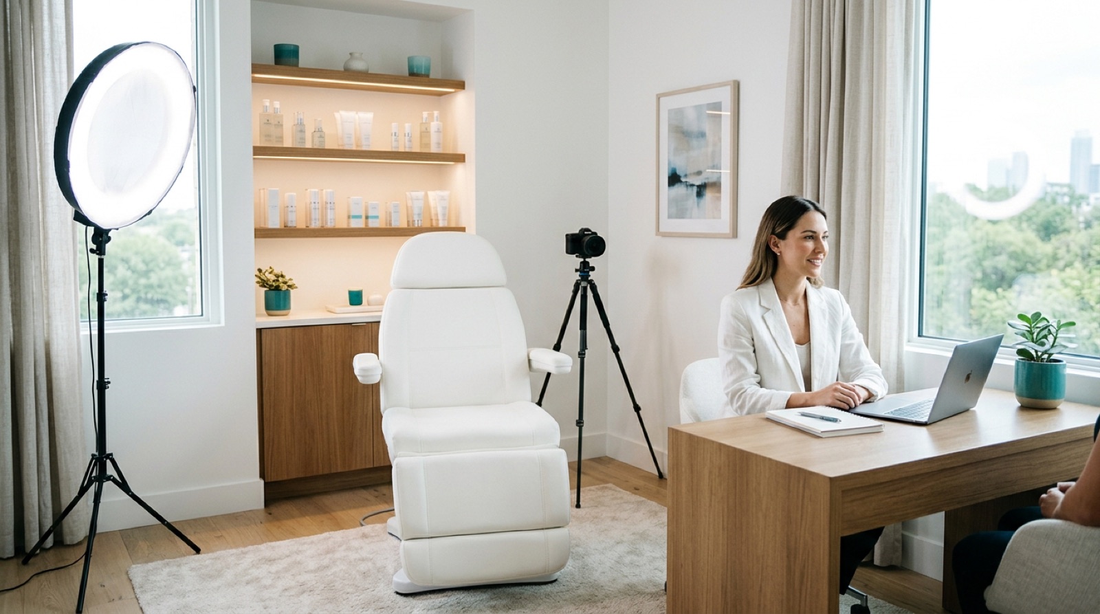 Medspa consultation studio with treatment chair and skincare products