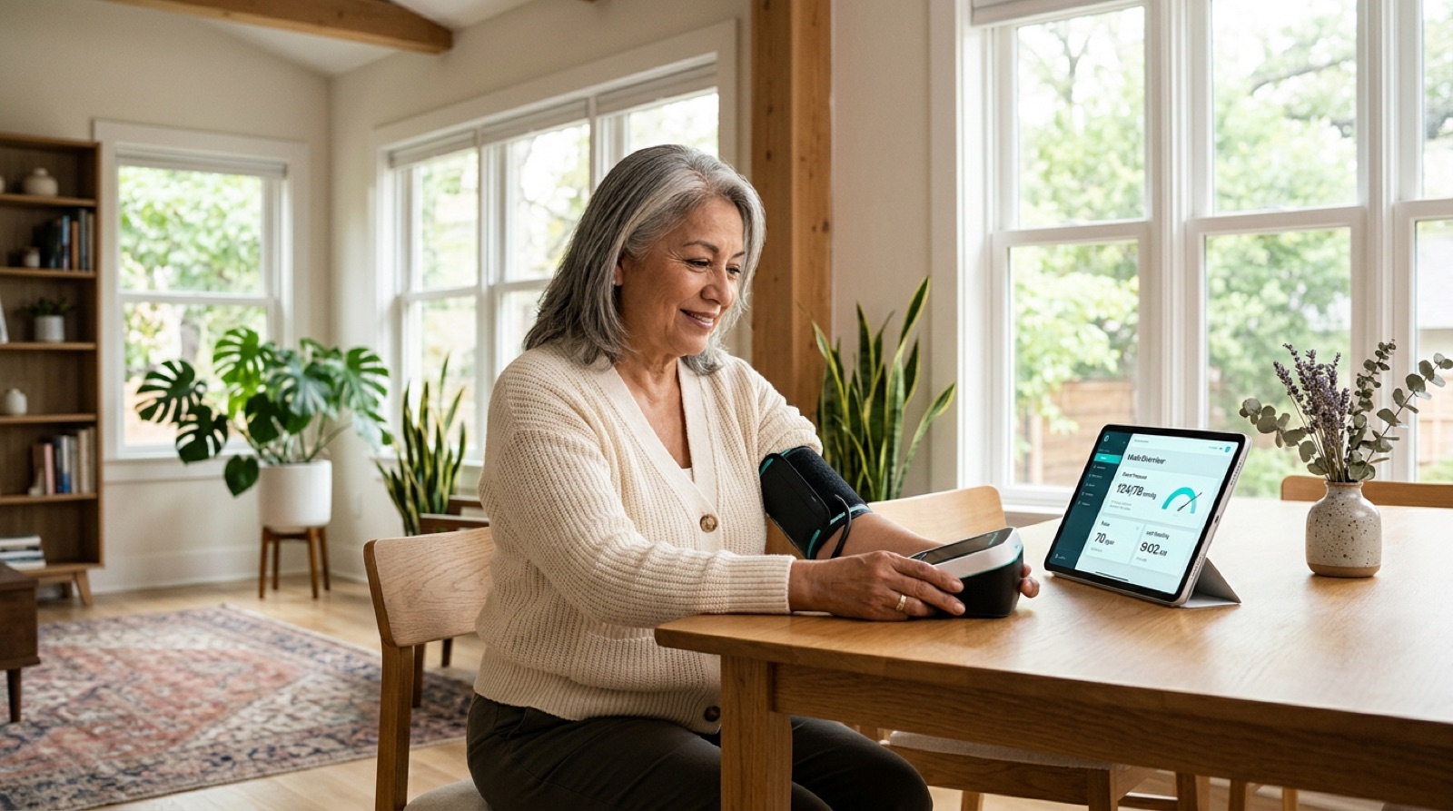 Patient checking connected blood pressure monitor at home with vitals dashboard on tablet