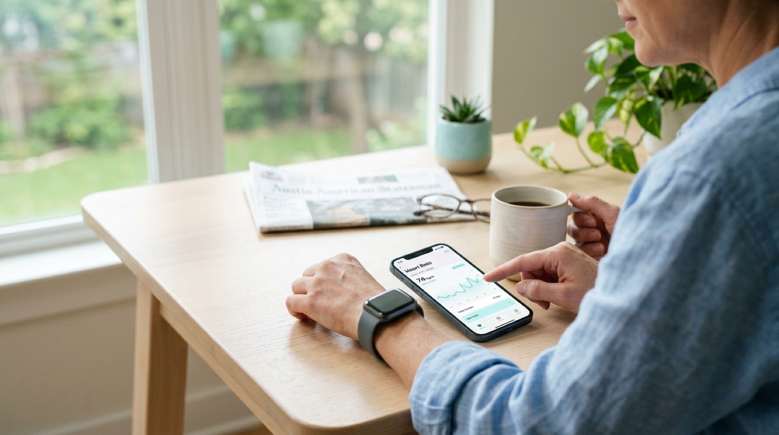 Wearable health monitor syncing heart-rate data to a smartphone app
