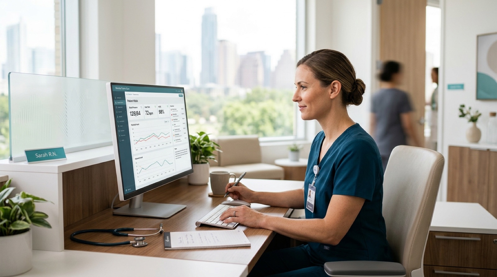 Care-team nurse reviewing remote patient vitals dashboard at a clinic workstation