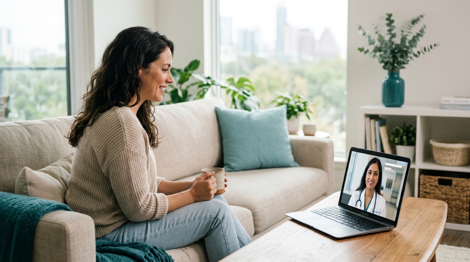 Patient having a telemedicine video visit with a physician from home