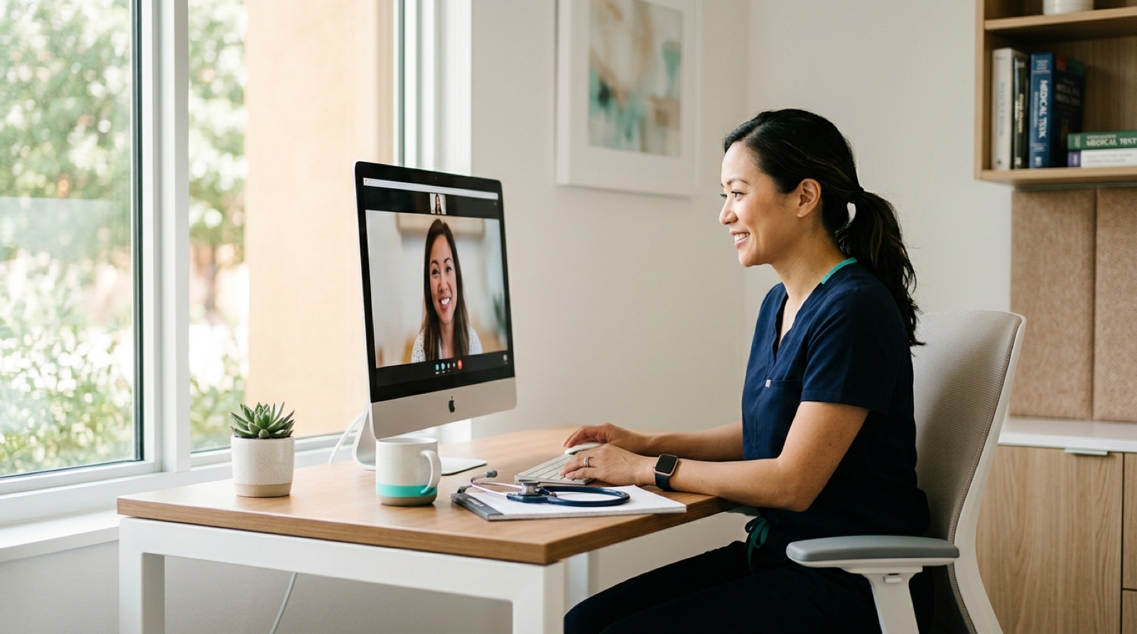 Physician conducting a telehealth video consultation from a modern clinic office