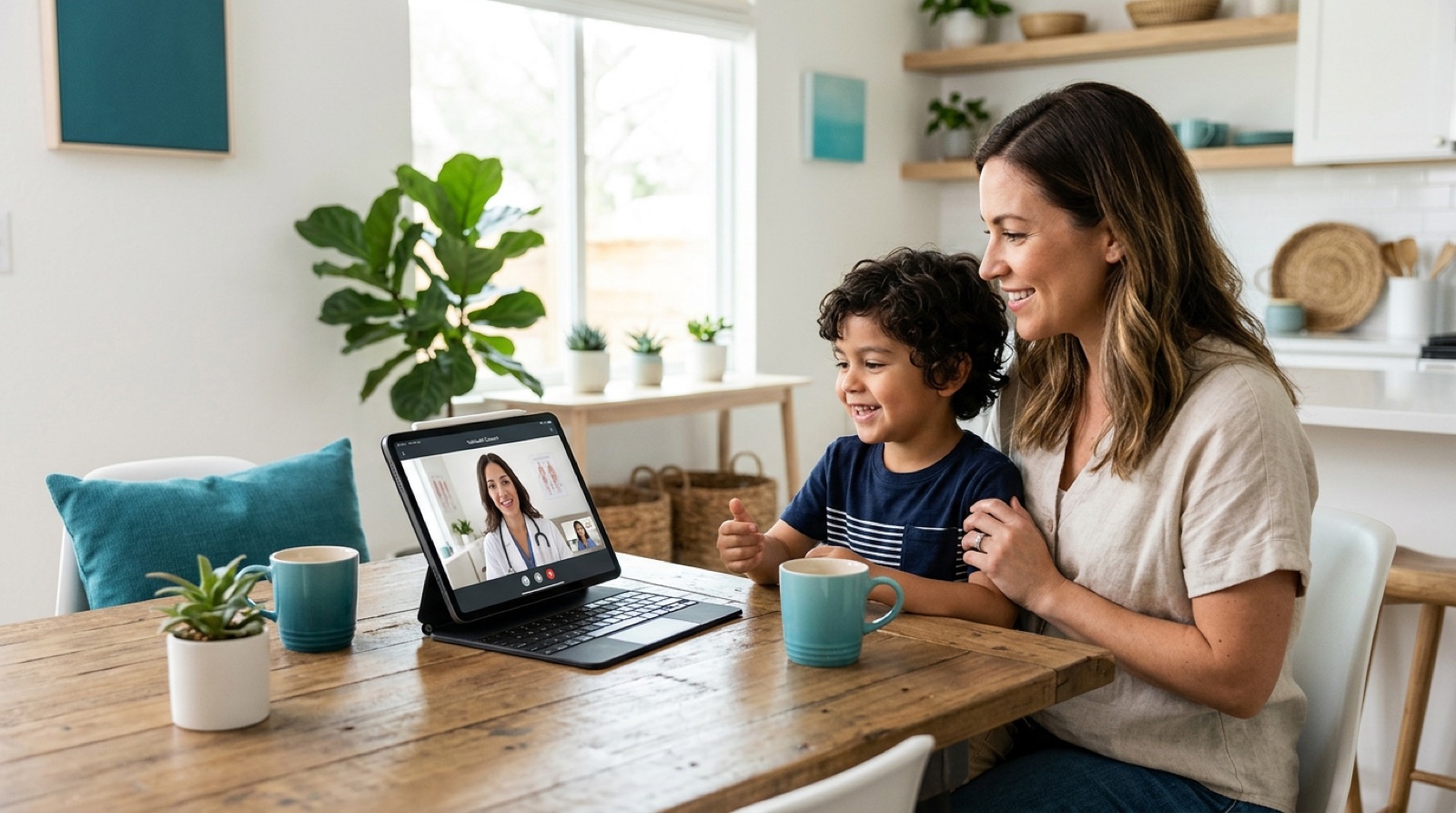 Parent and child on a tablet telemedicine call with their doctor